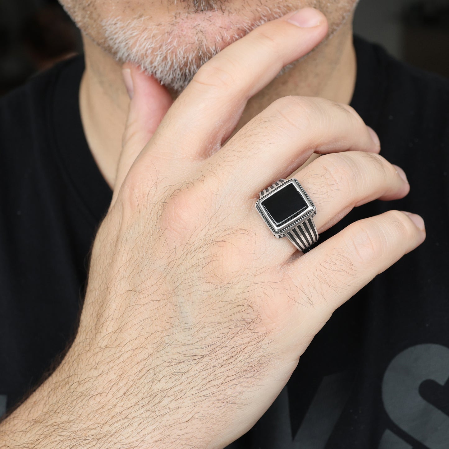 Stainless Steel Ring for Men with Black Agate Stone
