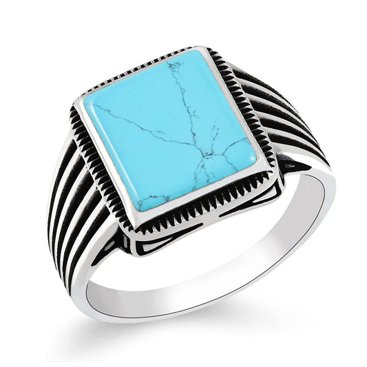 Chimoda Sterling Silver Rings for Men with Turquoise Stone, Handmade Mens Jewelry Ring, Striped Motif Mens Ring - Chimoda