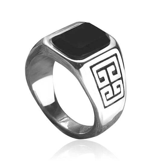 Men's Stainless Steel Ring with Black Agate Stone – Geometric Greek Key Pattern Motif Design