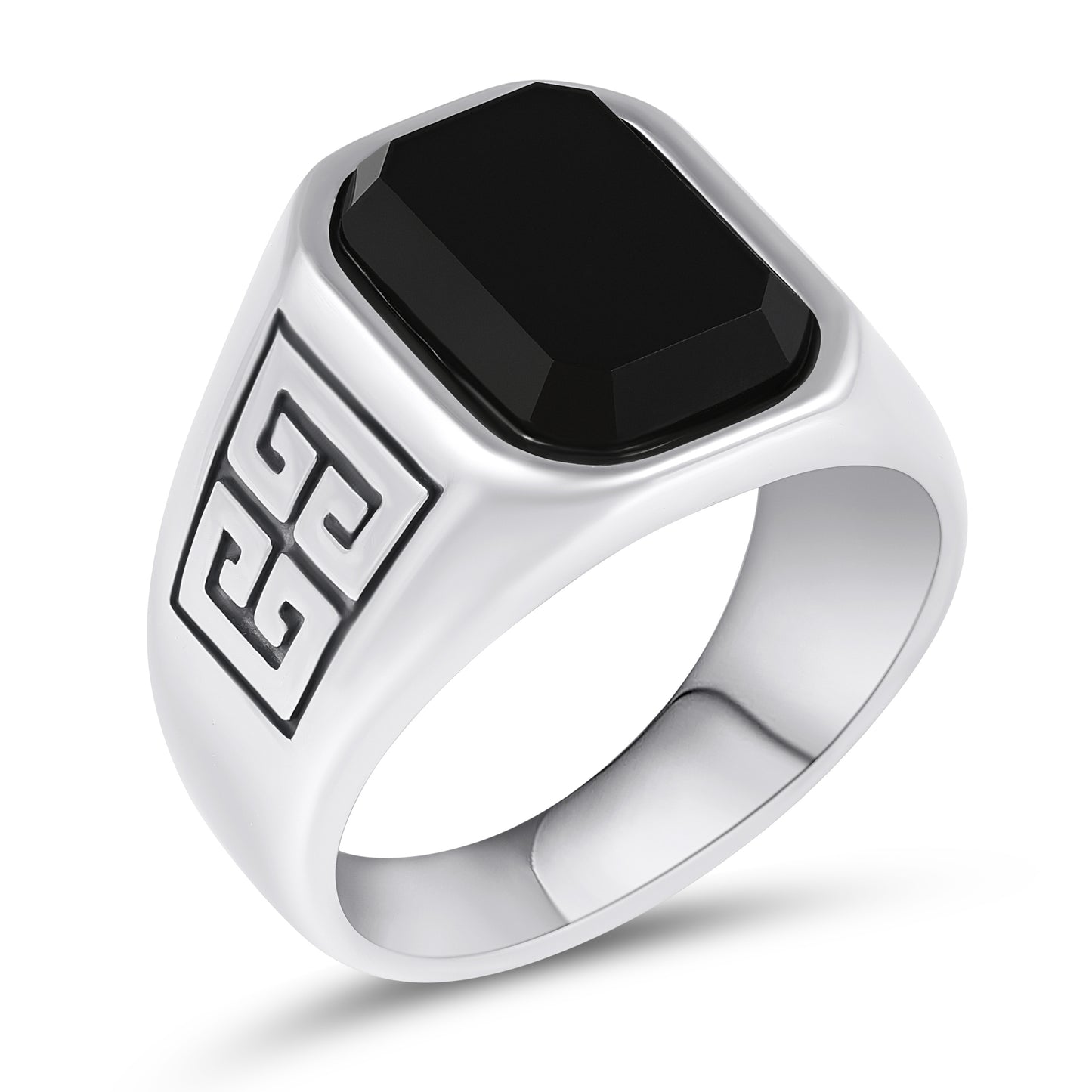 Men's Stainless Steel Ring with Black Agate Stone – Geometric Greek Key Pattern Motif Design