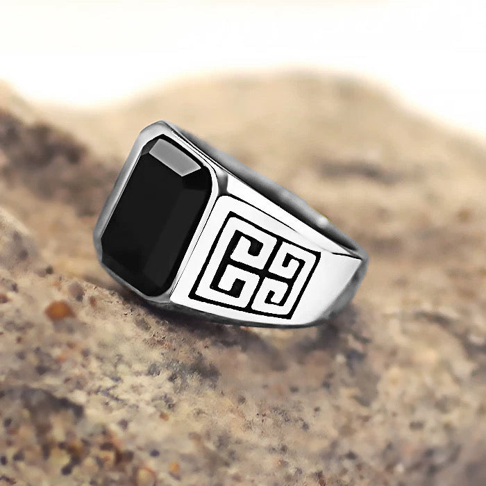 Men's Stainless Steel Ring with Black Agate Stone – Geometric Greek Key Pattern Motif Design