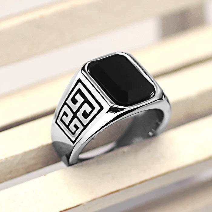 Men's Stainless Steel Ring with Black Agate Stone – Geometric Greek Key Pattern Motif Design