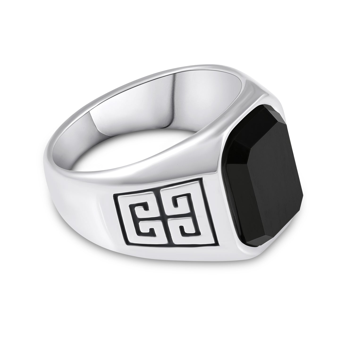 Men's Stainless Steel Ring with Black Agate Stone – Geometric Greek Key Pattern Motif Design