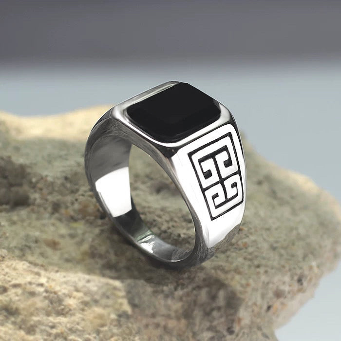 Men's Stainless Steel Ring with Black Agate Stone – Geometric Greek Key Pattern Motif Design