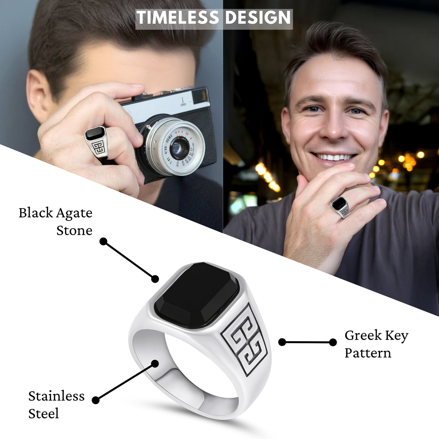 Men's Stainless Steel Ring with Black Agate Stone – Geometric Greek Key Pattern Motif Design