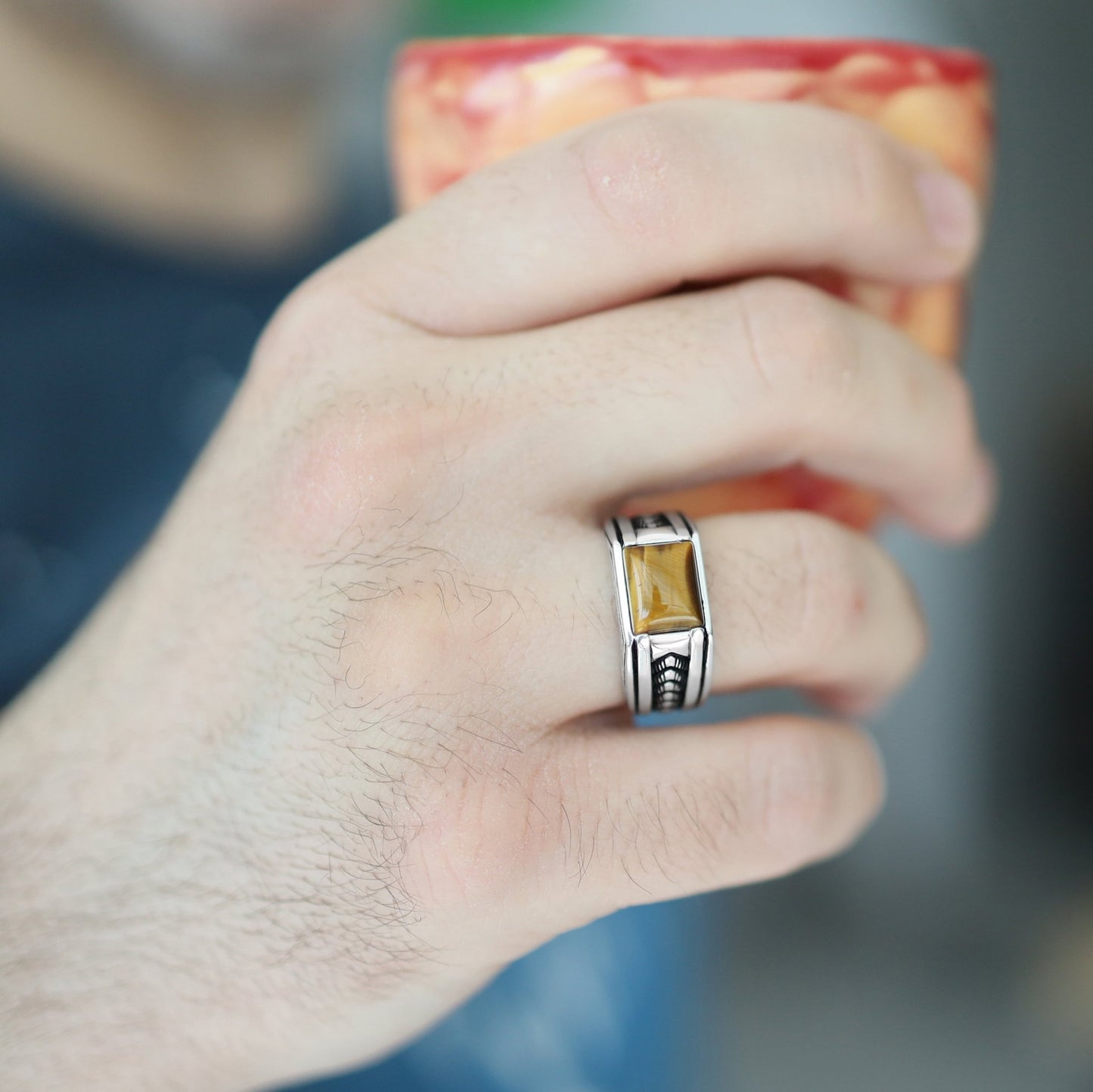 Chimoda Sterling Silver Rings for Men with Arrow Pattern and Tiger Eye Stone - Chimoda